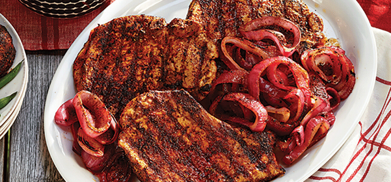 Blackened Pork Chops & Charred Cajun Onions