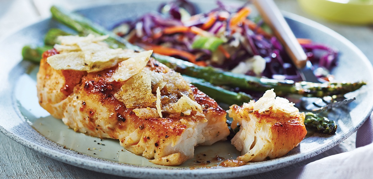 Spiced fish with chip topping bbq skillet