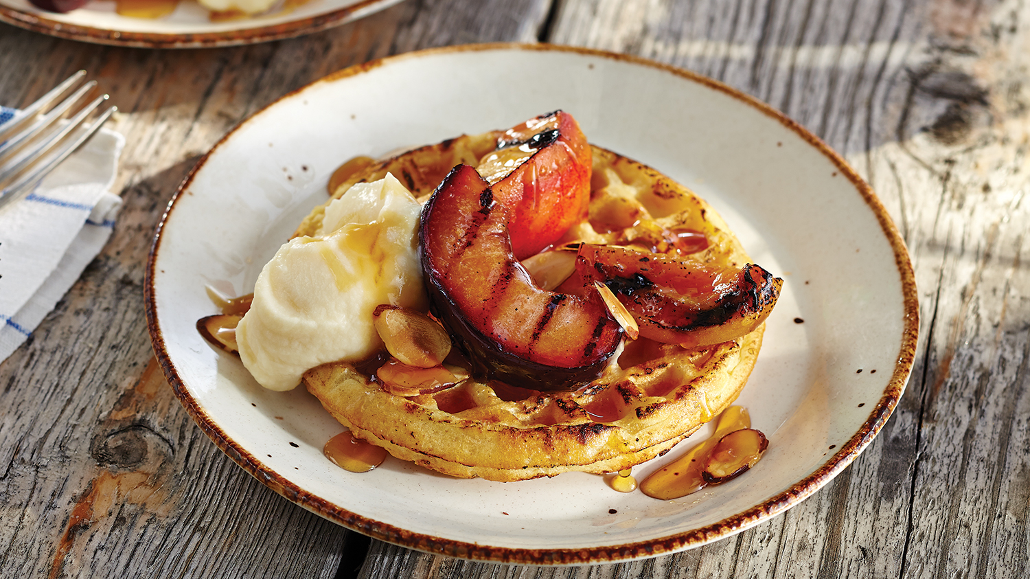 Grilled Stone Fruit & Waffles with Honeyed Mascarpone