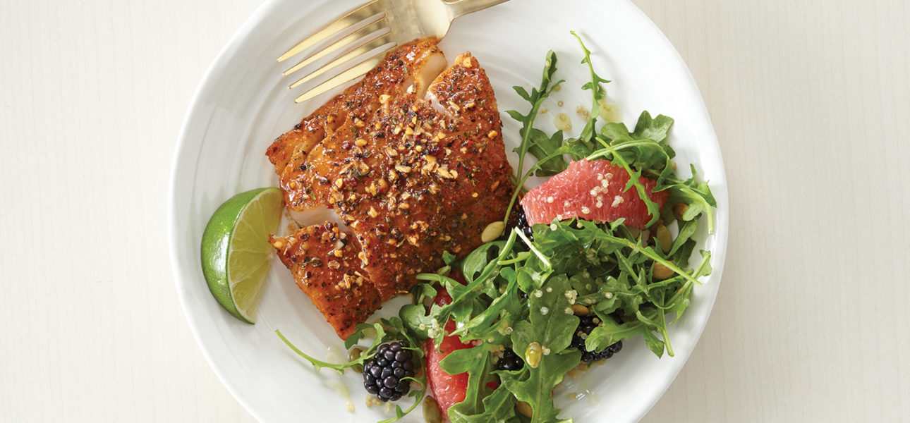 Maple-Chipotle Haddock with Grapefruit, Arugula & Blackberry Quinoa Salad.