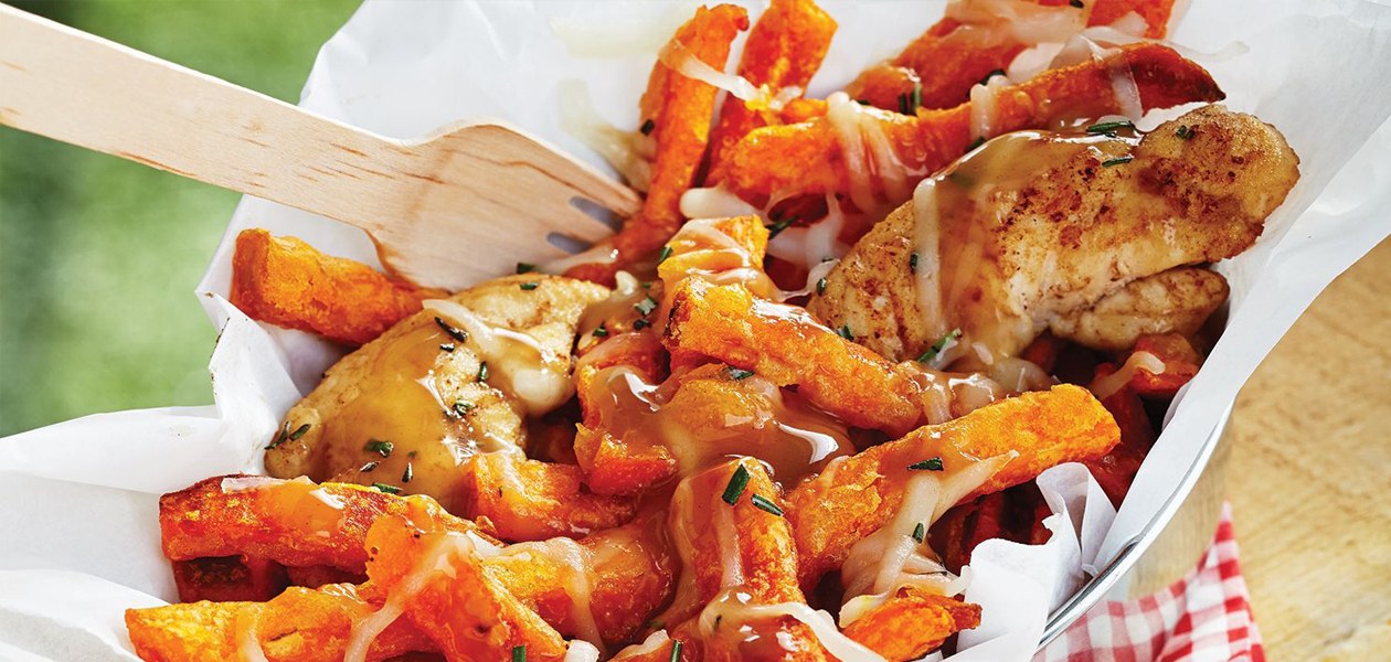 Chicken & Goat Cheese Sweet Potato Poutine