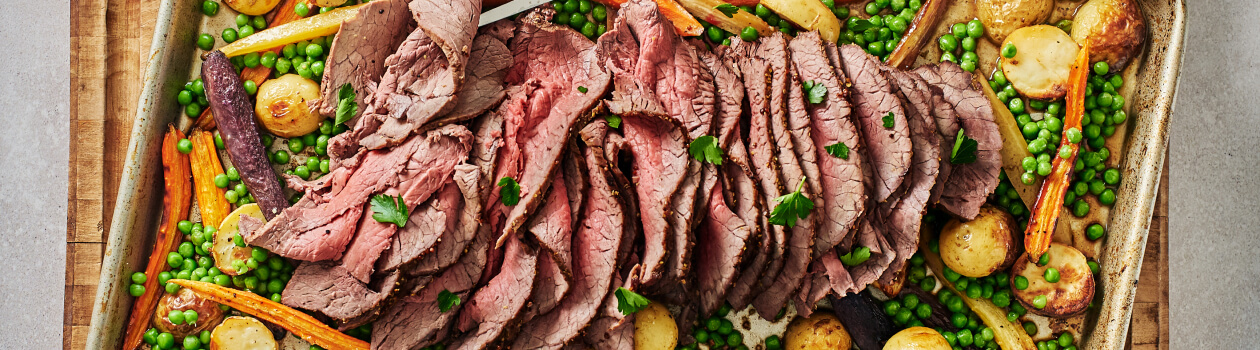 Honey-balsamic beef roast with vegetables on a sheet pan