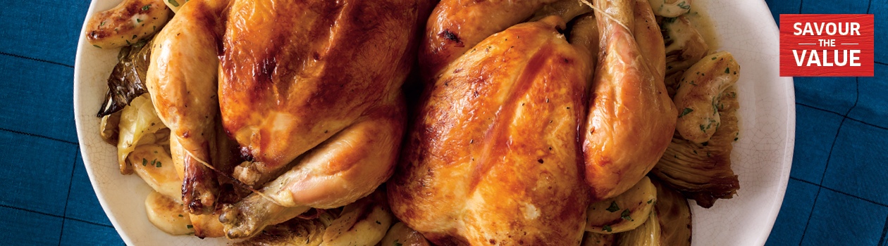 Roasted chicken braised cabbage glazed apples